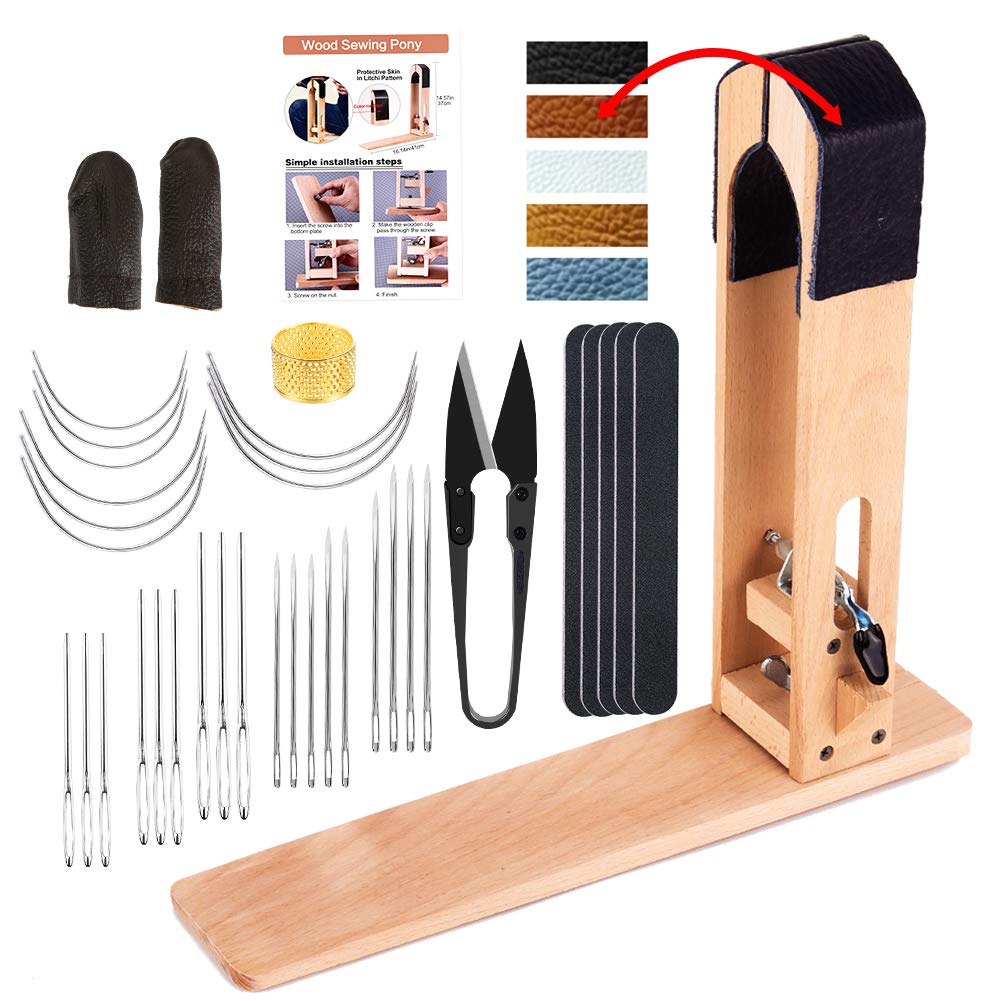 Fenrry Leather Pony Table Desktop Pony Horse Clamp with Large Eye Sewing Needles and Nail Files for DIY Leather Hand Stitching