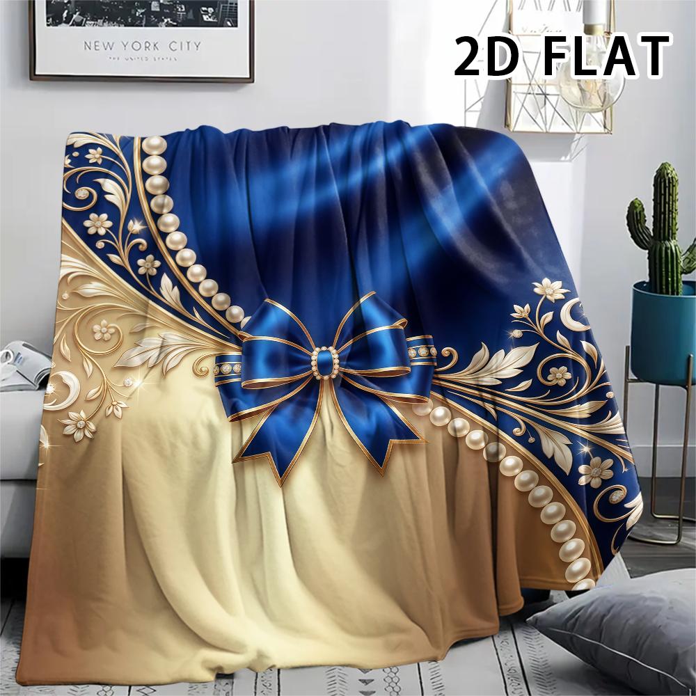 1Pc 2D FLAT Baroque Gold Blue Print Flannel Blanket,High quality Comfortable for All Seasons,Home Decor,Warmth and Comfort,Perfect for Christmas Gifts
