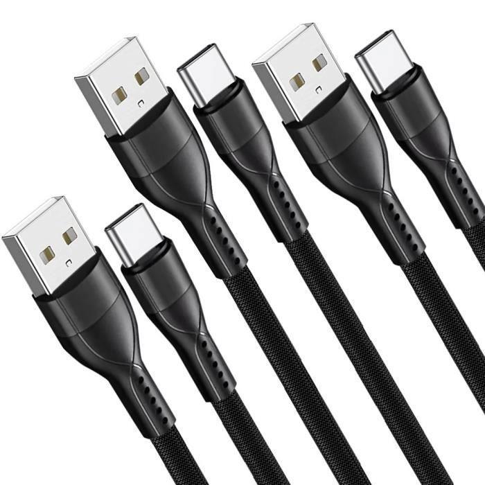 Câble USB-C Charge Rapide 3A pour Samsung Galaxy A16 A15 A05s A25 A35 A55 A56 - Nylon Tressé 1M Noir Lot de 3