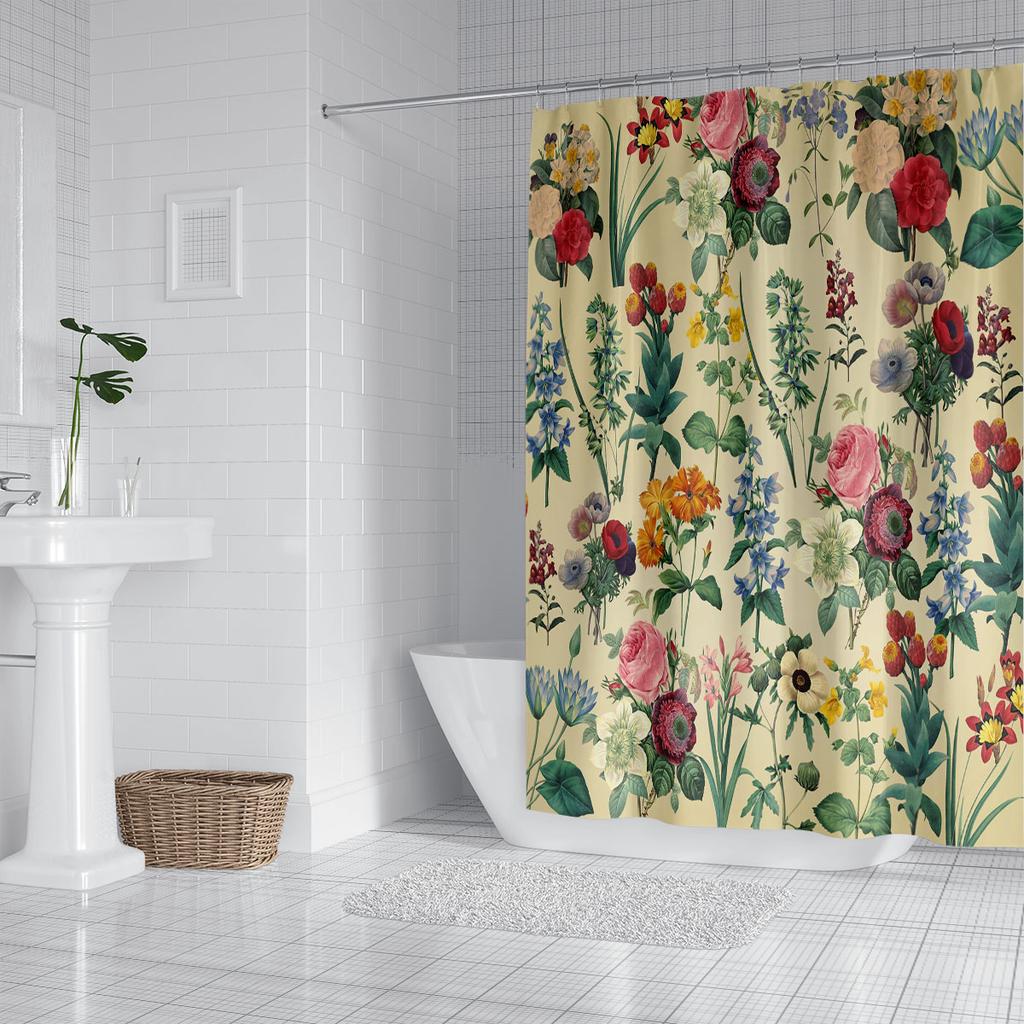 1Pc Retro Floral Pattern Printed Shower Curtain, Waterproof And Washable, With 12 Hooks,For Bathroom Showers, Bathtubs, Home Use