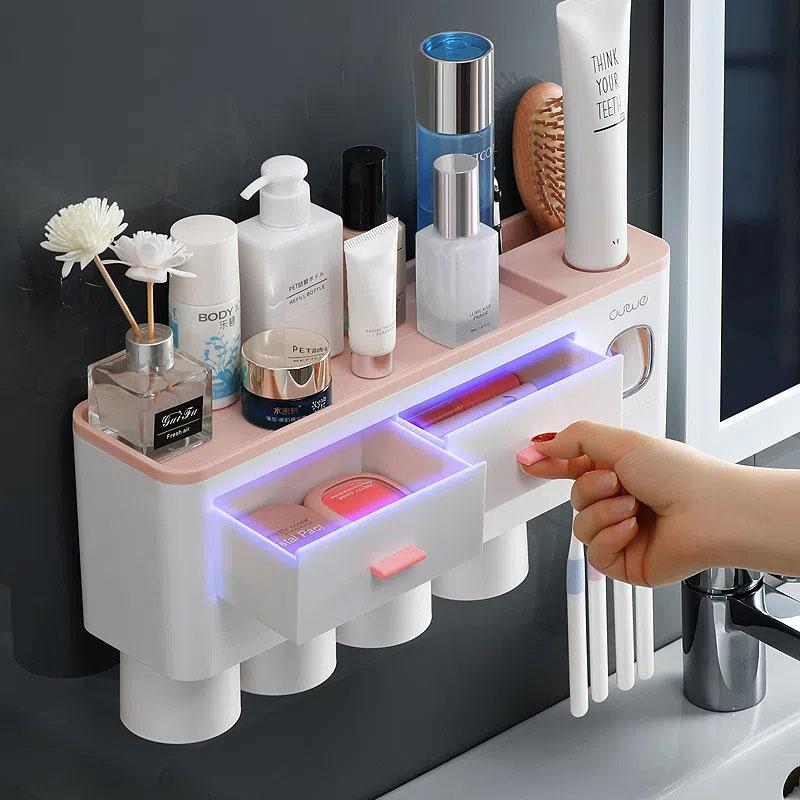 Bathroom Accessories Organizer Set Toothbrush Holder Automatic Toothpaste Dispenser Holder Toothbrush Wall Mount Rack Tools Set with Cup