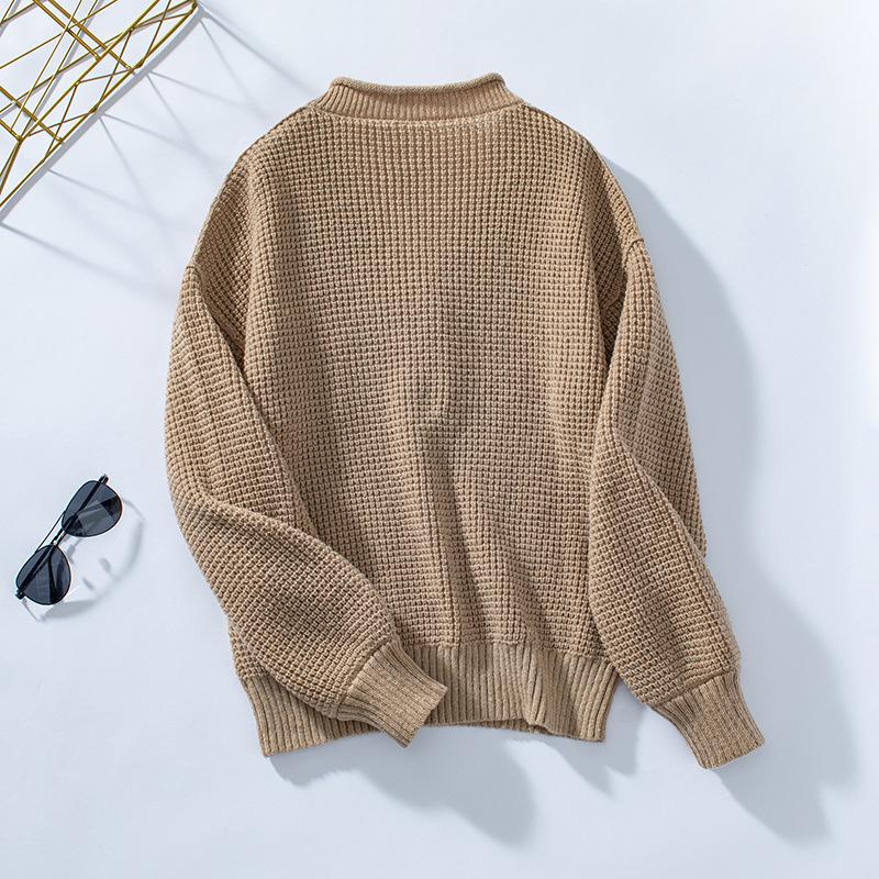 Women's Fall/Winter Knitwear Loose Pullover V-Neck Button Solid Color Sweater