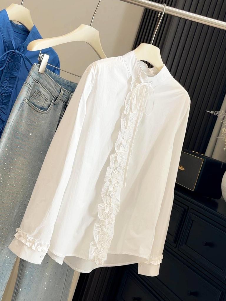 Women's Korean-Style Ruffled Tie-Up Stand Collar Loose Shirt - Spring 2026 Fashion 