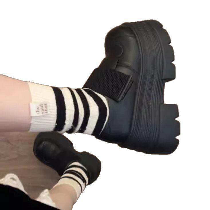 British Style Small Leather Shoes Women's 2025 New Spring Black Velcro Heightened Platform Small Mary Jane Single Shoes