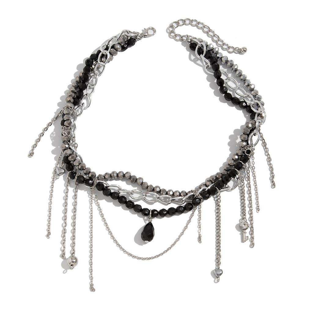 Retro Water Drop Key Heart Shaped Round Bead Tassel Pendant Necklace 2025 Multi Layer Black Crystal Girl Fashion Jewelry