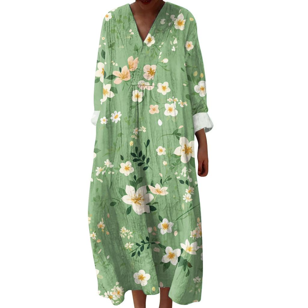 Dámské ležérní a módní šaty s dlouhým rukávem s květinovým potiskem a výstřihem do V šaty s dlouhým rukávem