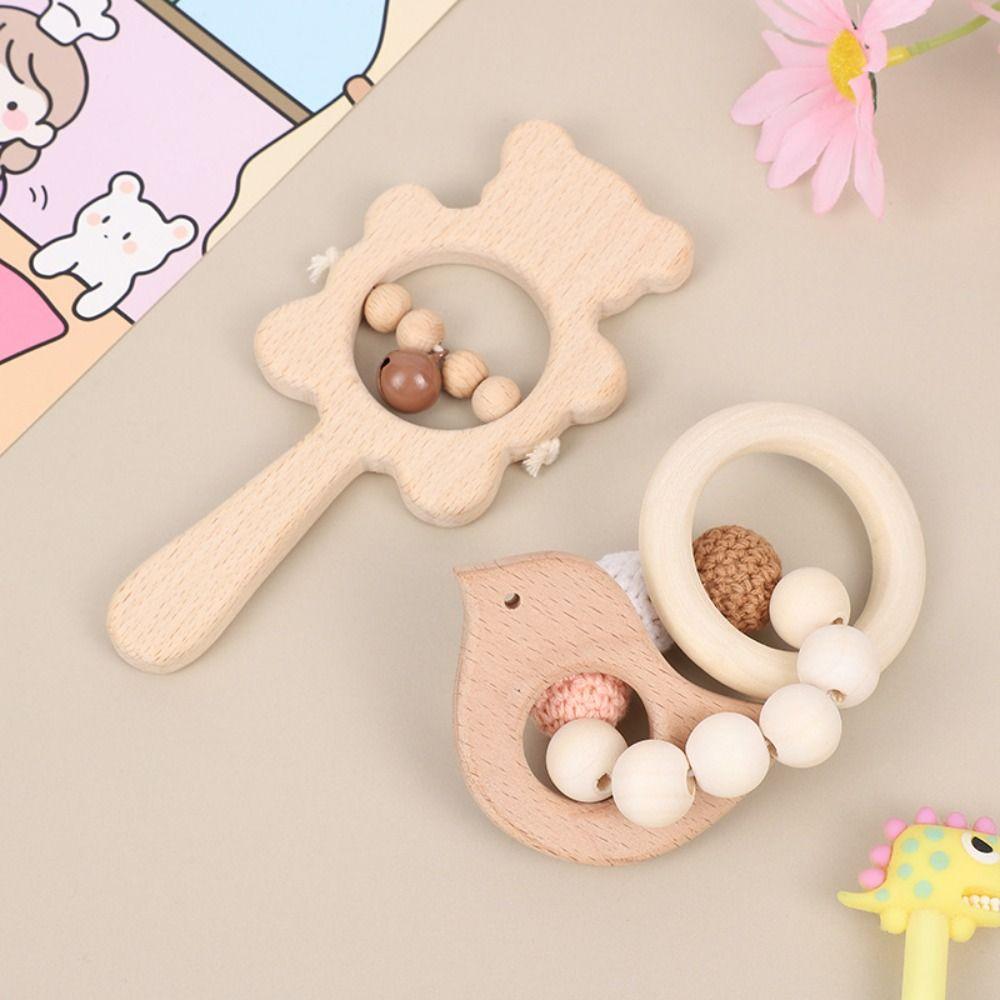 Anti-lost Wooden Baby Rattle Toy Cartoon Bear Wooden Rings Toy Handbell Rattle Toy  Kids