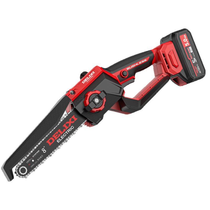 Delixi Cordless Brushless Electric Chainsaw: High-Power, Handheld Lithium Battery Saw for Home Tree Cutting.