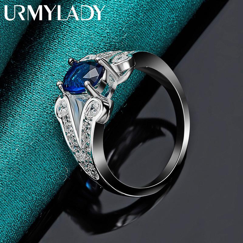 URMYLADY 925 Sterling Silver AAAAA Blue Zircon 7-10 Ring For Women Fashion Charm Jewelry