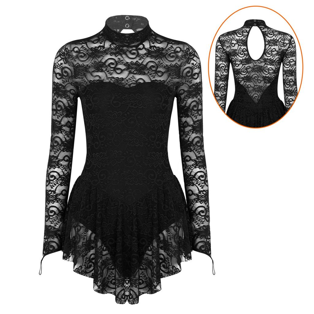 Women's Floral Lace Ballet Dance Leotard Fingerpoint Sleeves Figure Ice Skating Dress Costume