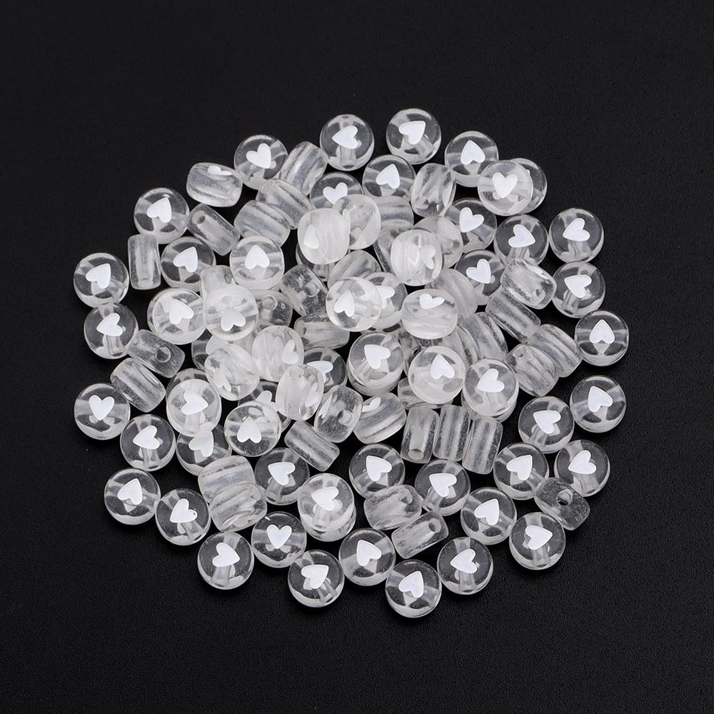 100pcs/lot 7mm Acrylic Beads Colored Transparent Heart Pattern Loose Flat Round Beads For Craft Bracelet Making DIY Jewelry Gift