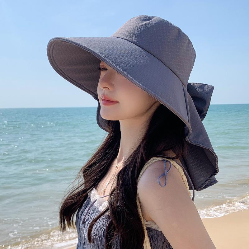 Summer new hat women's neck protection shawl hat sunshade sun protection hat bow bucket hat advanced sense