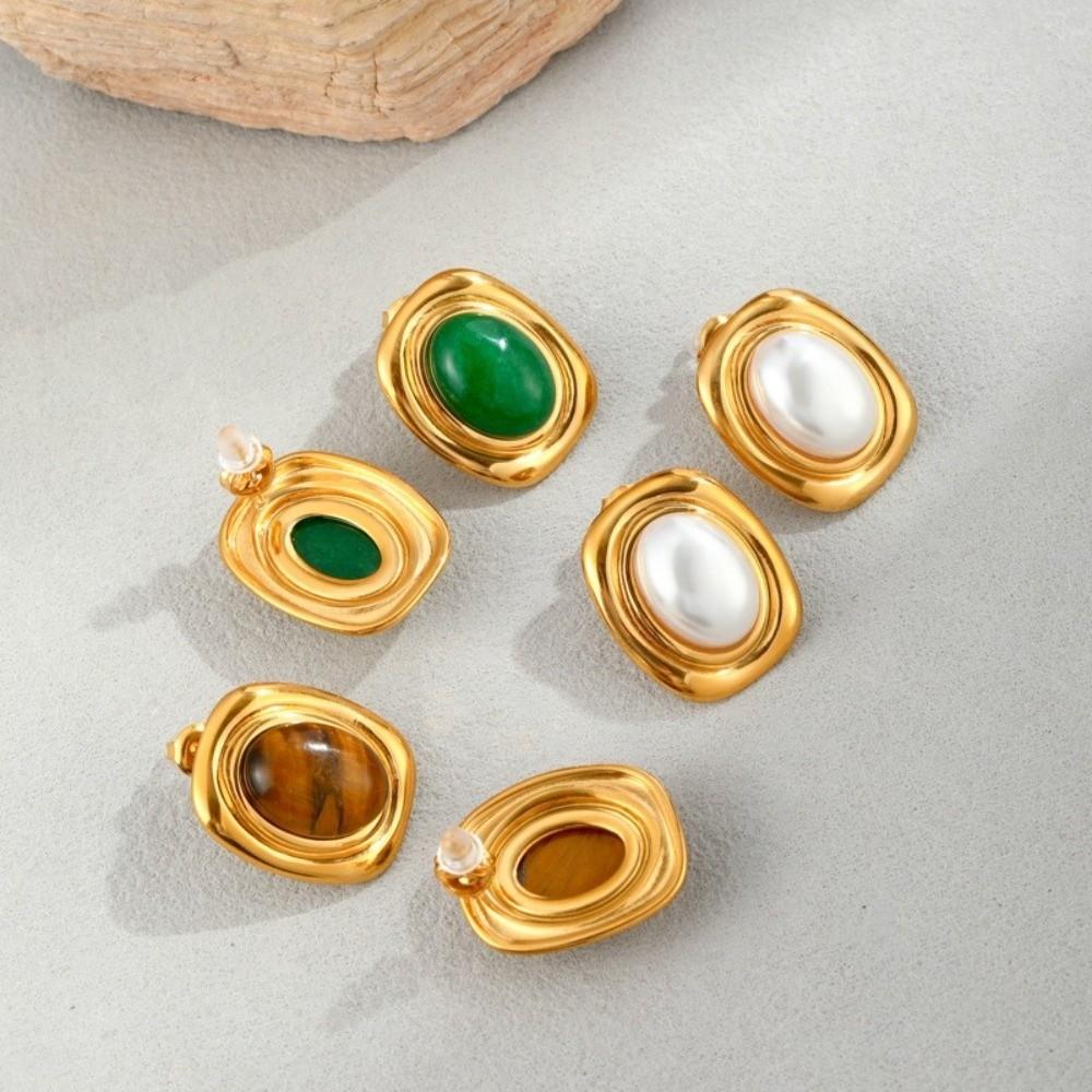 Nature Stone Tiger-eye Earrings Stainless Steel Waterproof Stud Earrings Gold Plated Oval Bead Pearl Earrings Gemstone Jewelry