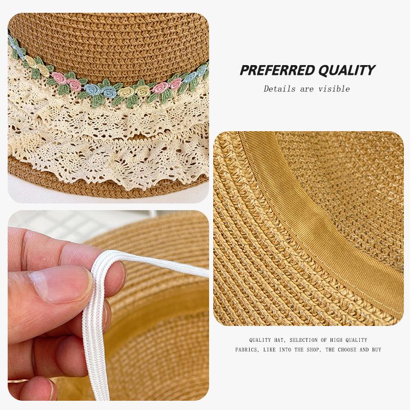 Lace Straw Hat Women's Summer Sweet Versatile Big Eaves Sunscreen Hat Outdoor Holiday Sun Hat