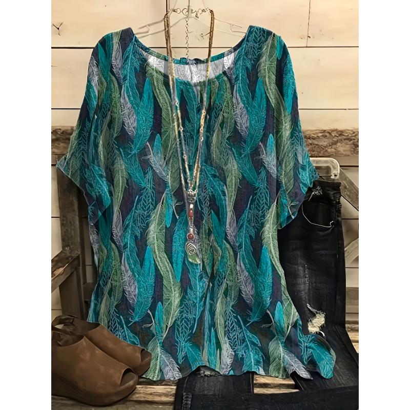 

Женские повседневные блузки больших размеров свободного кроя с принтом листьев, блузка с рукавами до локтя, футболка, женская мода, винтажная блузка, футболка 5XL