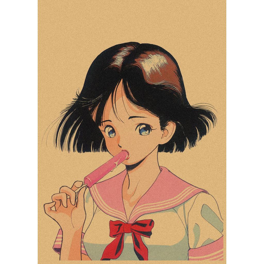 Sakura Diaries Retro Kraftpapier Manga Illustration Wandkunst