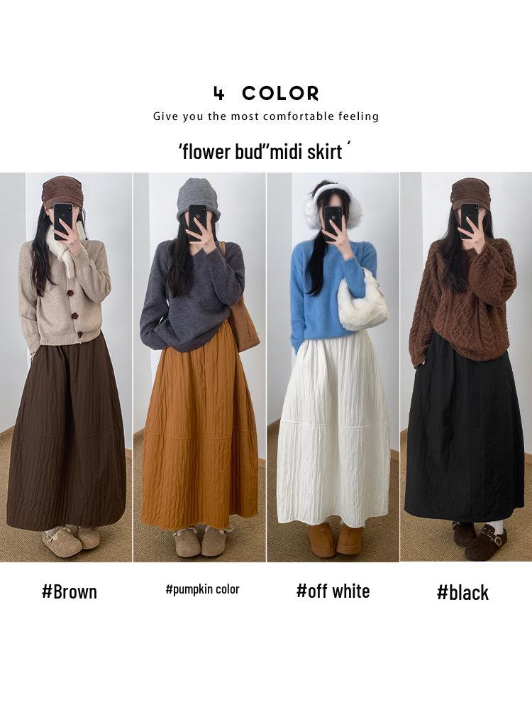 Women's High-Waisted Textured A-Line Mid-Length Skirt - Autumn/Winter Retro Pumpkin Fluffy Design