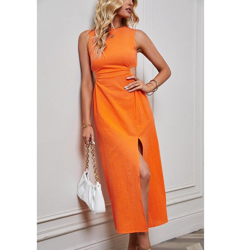 O-Neck Cut Out Waist Sexy Dress 2023 Women Wrap Hip Summer Sleeveless Midi Y2k Dresses A-line Split Party Casual Vestidos 26230