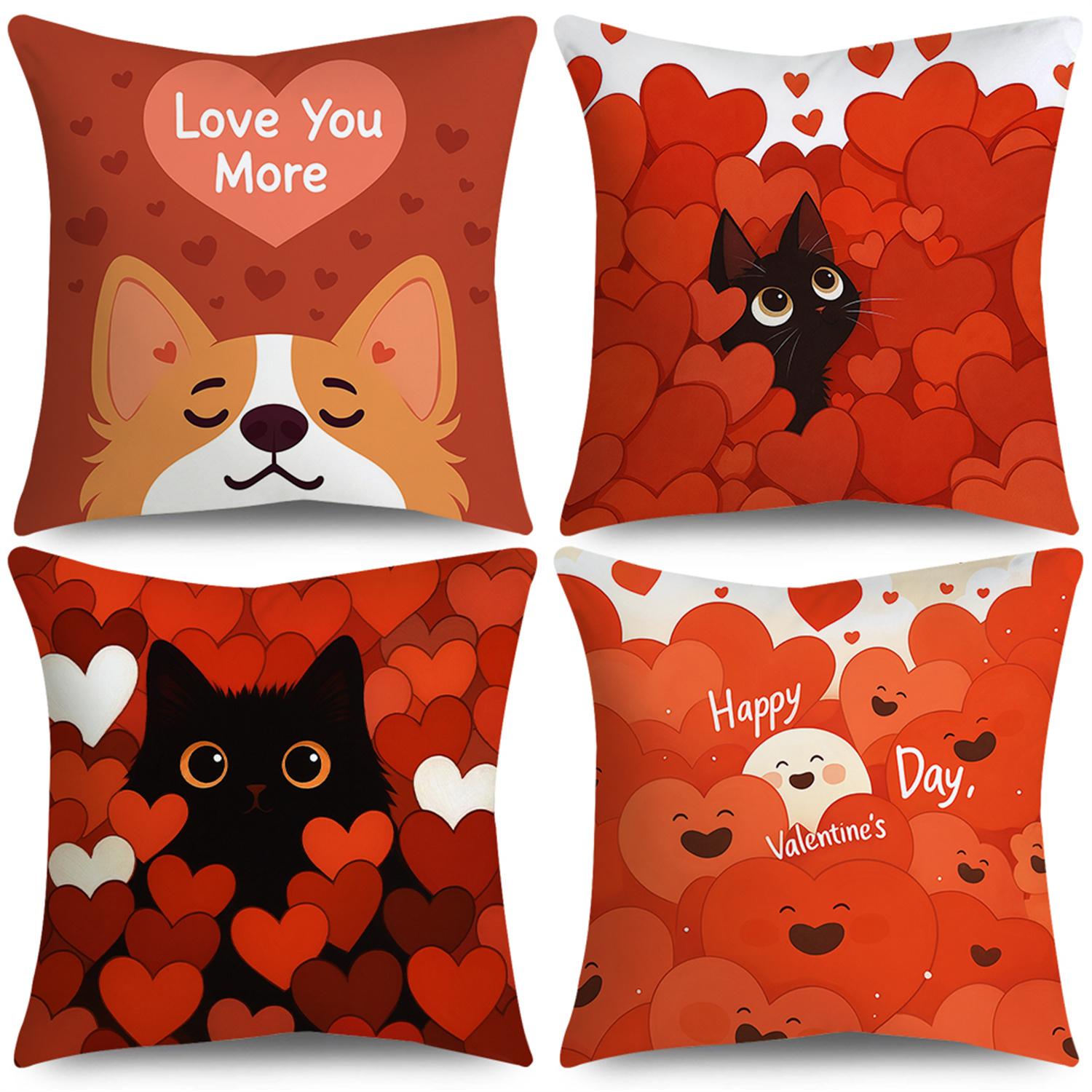 

4pcs Valentine S Day Throw Pillow Covers | Love You More Puppy Kitten Heart Designs, Zip Closure, Polyester 18 X 18-Inch