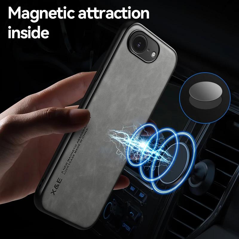 For iphone 16E 16 E PU Leather Car Magnetic Holder Silicone Back Cover For iphone SE 4 2025 Built-in iron Protection Phone Case