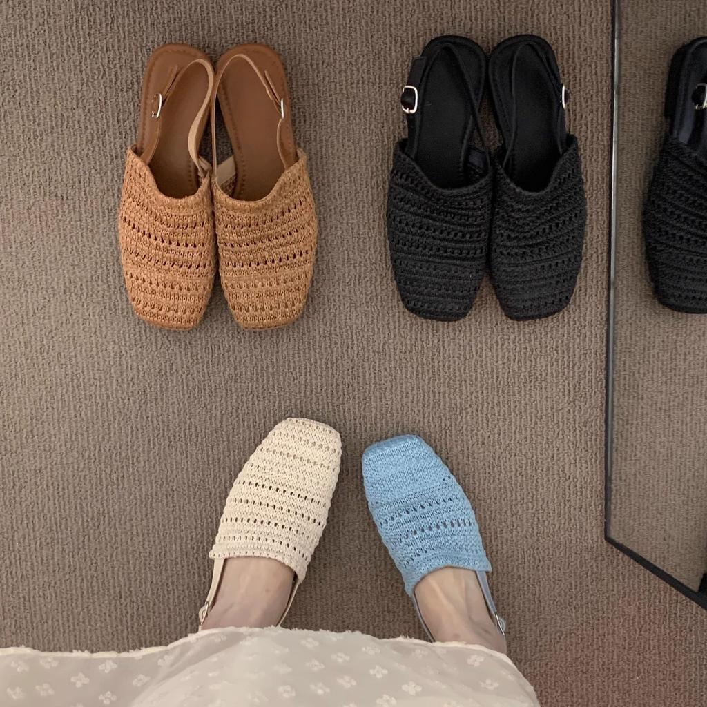 French gentle woven bag head sandals girl 2025 spring and summer vacation fairy evening empty single shoes