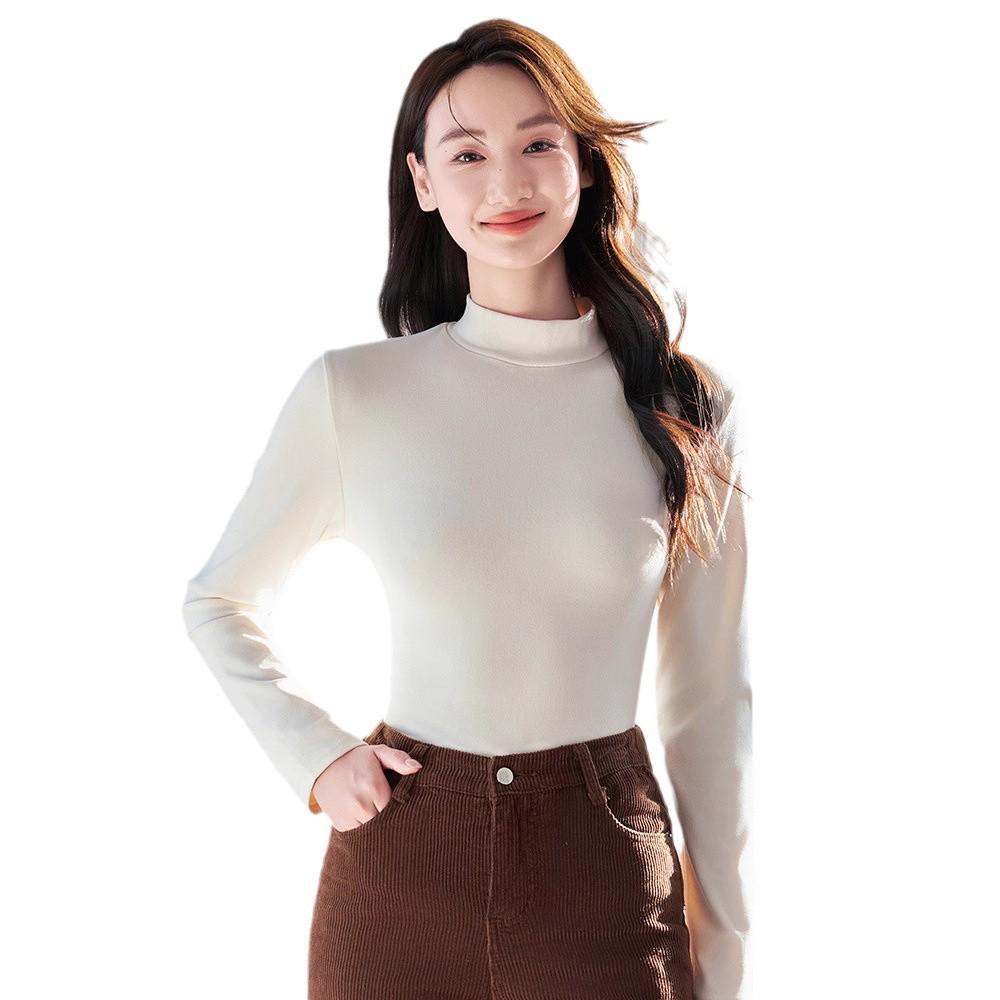 Women's Fleece-Lined Slim Fit Knit Top - Half High Neck Long Sleeve for Spring, Autumn, Winter 2024