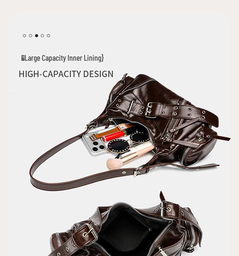 Women's Punk Motorcycle Distressed Leather Crossbody Bag with Multi-Buckle Straps and Rivet Design