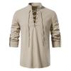 Men's V-neck Lace-up Long Sleeve Henley Shirt Solid Color Cotton and Linen Loose Casual Men's Stand-up Collar Shirt
