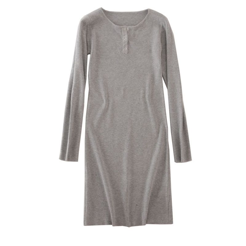 2025 Cotton Korean Style Round Neck Sheath Long Sleeve Dress Slim Fit Slimming Simple Light Gray Mid-Length Base Skirt
