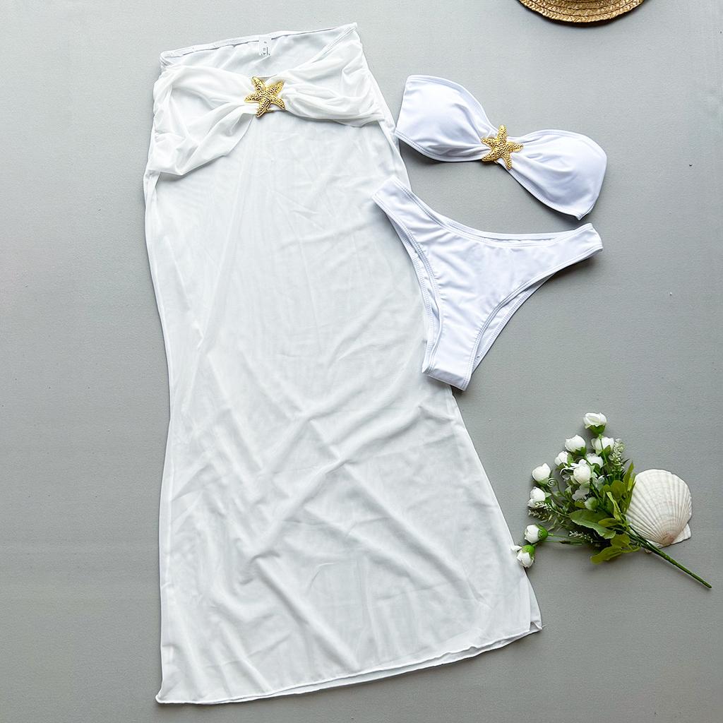 OFTBUY 2025 New Summer Sexy Solid Long Dress Swimsuit Women 3 Pieces Bikini Set Bra Plain Beach Swimwear Female