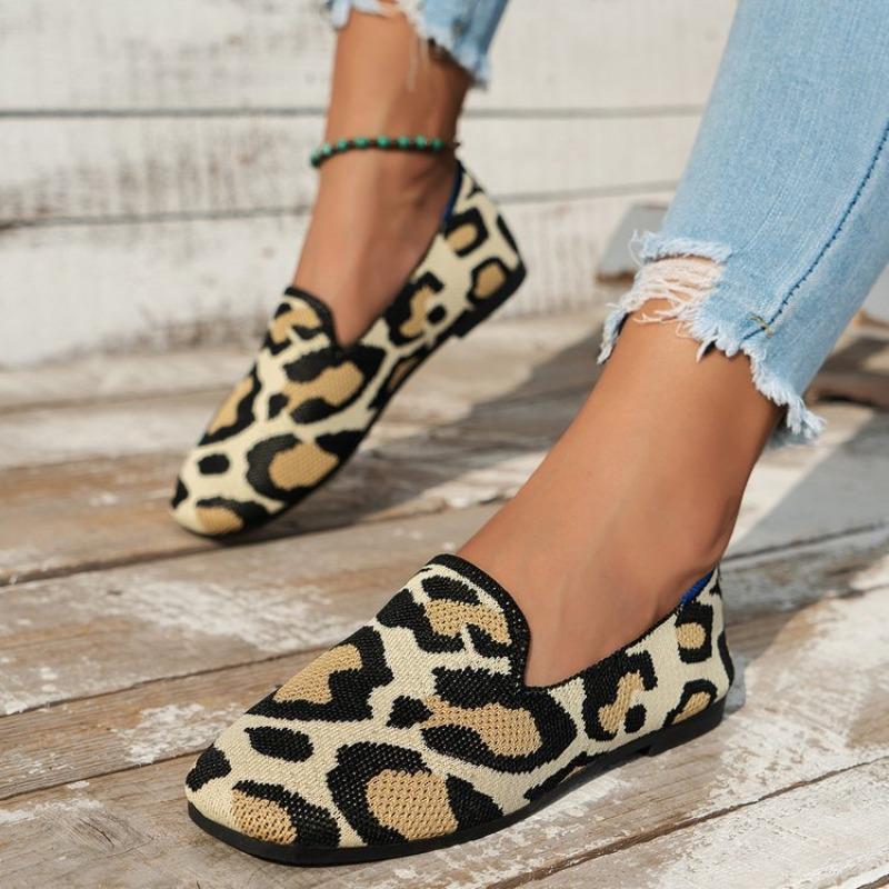 Women's Leopard Print Loafers, Comfortable British Style Casual Flats, Plus Size