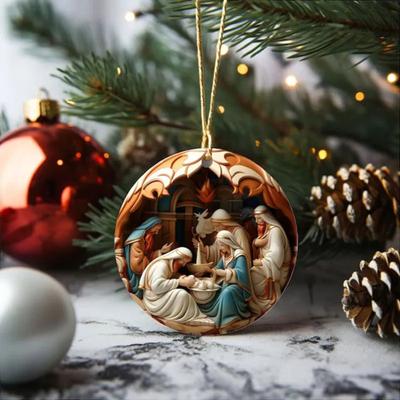 Christmas Nativity Decoration 3D Effect Print Acrylic Reusable Indoor Outdoor Xmas Tree Round Birth of Jesus Savior Hanging Ornament Pendant