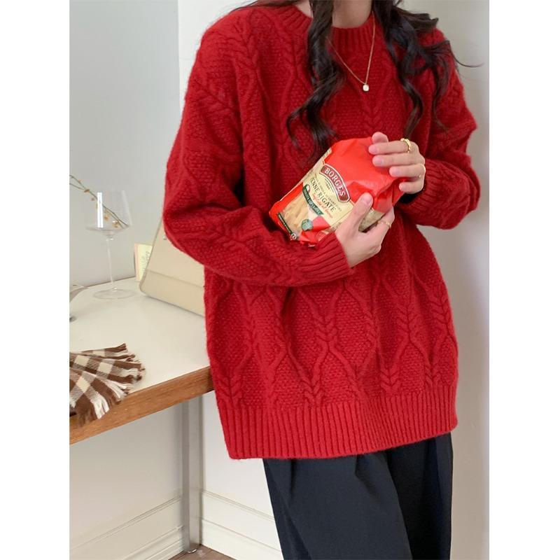 

Candy-colored twist sweater women s autumn and winter new lazy wind twisted eight-plaid crew neck loose large-size knitted sweater One size красный
