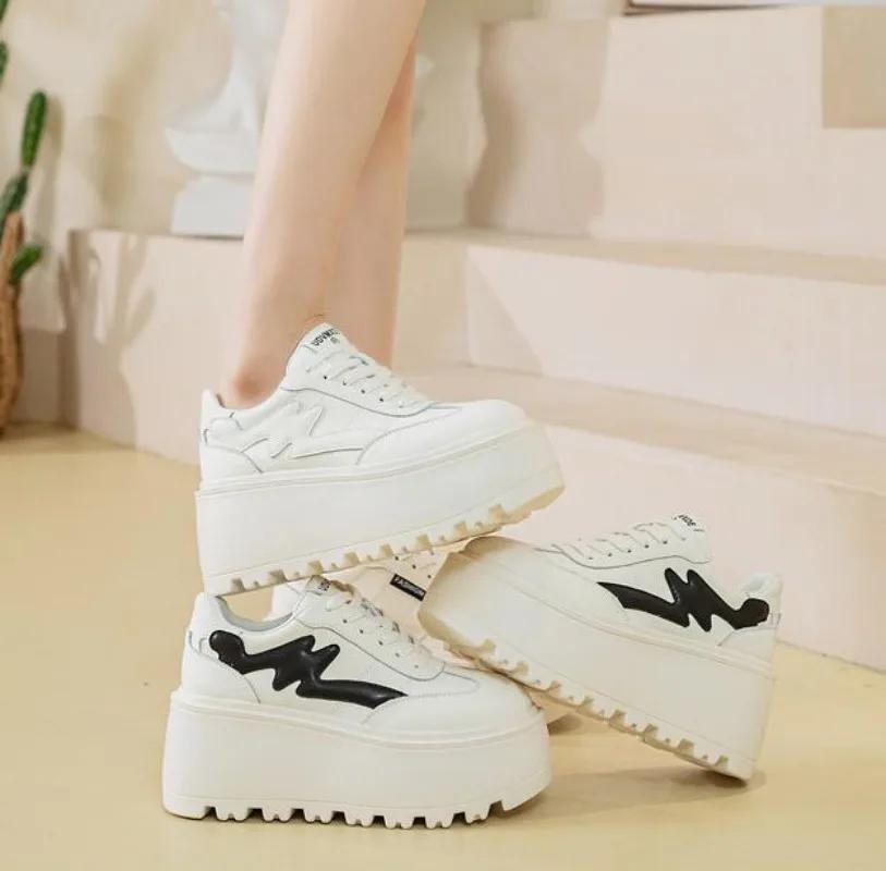 Fashion 8cm Mixed Color Ladies Vulcanize Shoes Genuine Leather Spring Autumn Lace Up Stable High Platform Sneakers Women Fashion Shoes