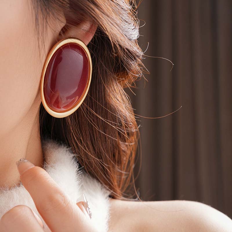 Vintage Red Resin Stud Earrings for Women Luxury Geometric Gold Color Large Oval Earrings Party Wedding Ear Jewelry Wholesale