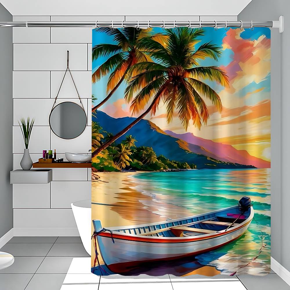 Beach Scenery Shower Curtain Bath Curtain Print Polyester Fabric Waterproof Bathroom Curtains With Hooks Bath Screen