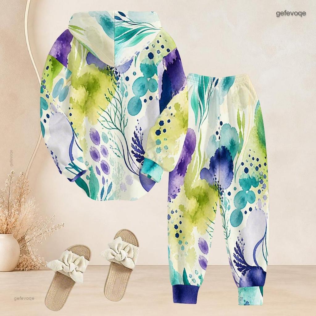 Women Plus Size Two Piece Set Hooded Long Sleeve Printed Top Cuffed Dark Blue Pants