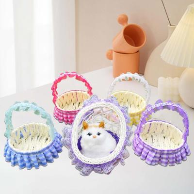 Cat In Flower Basket Model High Fidelity Fuzzy Kitty Shirring Lace Decor Battery-operated