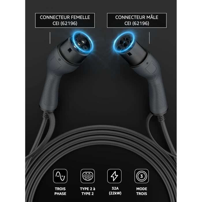 Bokman Câble Recharge Voiture Electrique,Câble Type 2 32A / 22kW / Triphasé / 5 Mètres