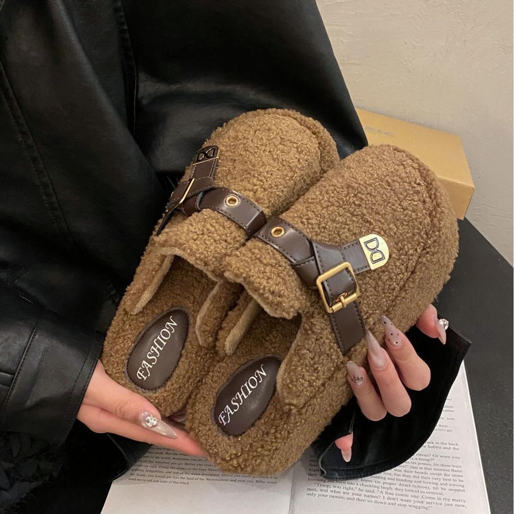 2025 Autumn and Winter New Fashion Fluffy Suede Cotton Slippers Women's Outer Slippers Thick Bottom Solid Color Foot Warm Cotton Slippers