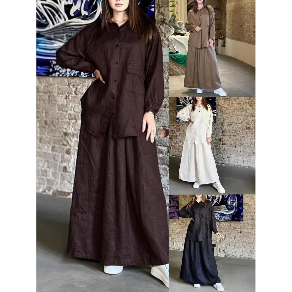 Button Shirts Skirt Two Piece Sets Solid Color Women's Suit Spring Long Sleeve Blouse Top Casual 2-Piece Set Vintage