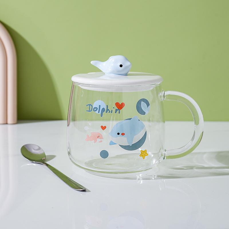 Heat Resistant Glass Cup Nordic Mug Home Office Couple Dolphin Cup Milk Coffee Cup with Lid Spoon