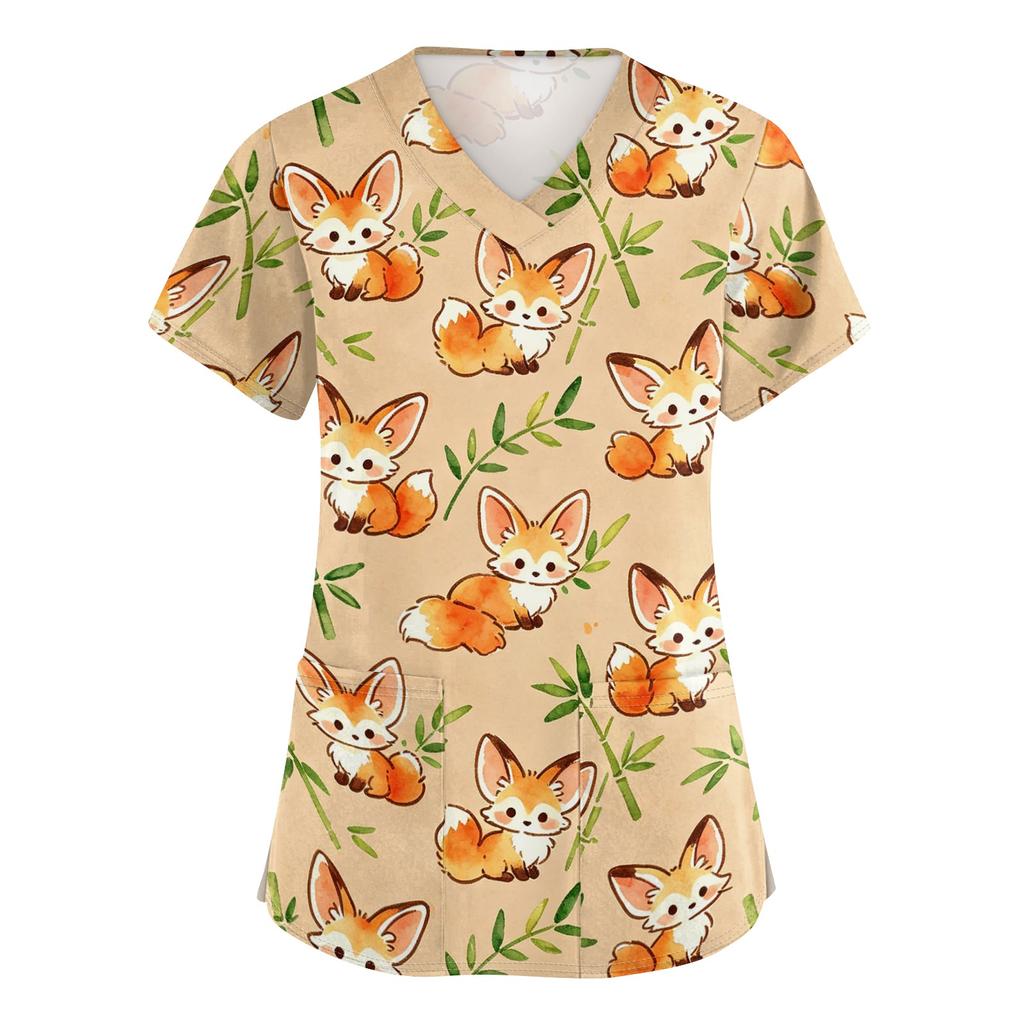 Women's V Neck Short Sleeve Work Top with Pockets Animal Print Medical Scrub Shirt for Healthcare Professionals Comfortable Fit