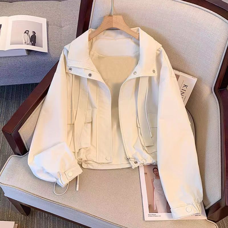 Women Windbreaker Hooded Jacket Autumn Waterproof Patch pocket Button Crop Oversized Jackets Streetwear Track Jacket Outerwear