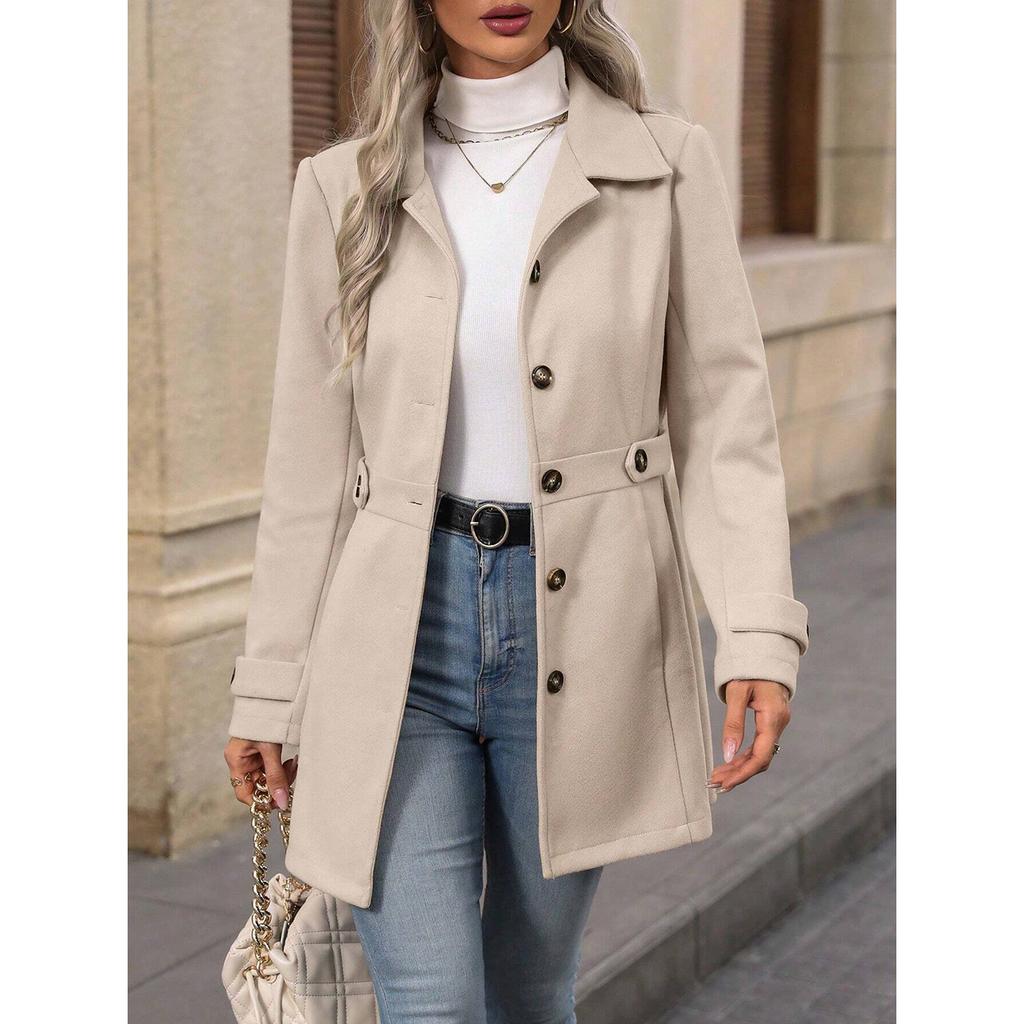 Women's Notched Lapel Wool Blend Coat, Slim Fit Belted Waist Trench with Thermal Lining, Elegant Office Chic Overcoat for Commute With Pockets