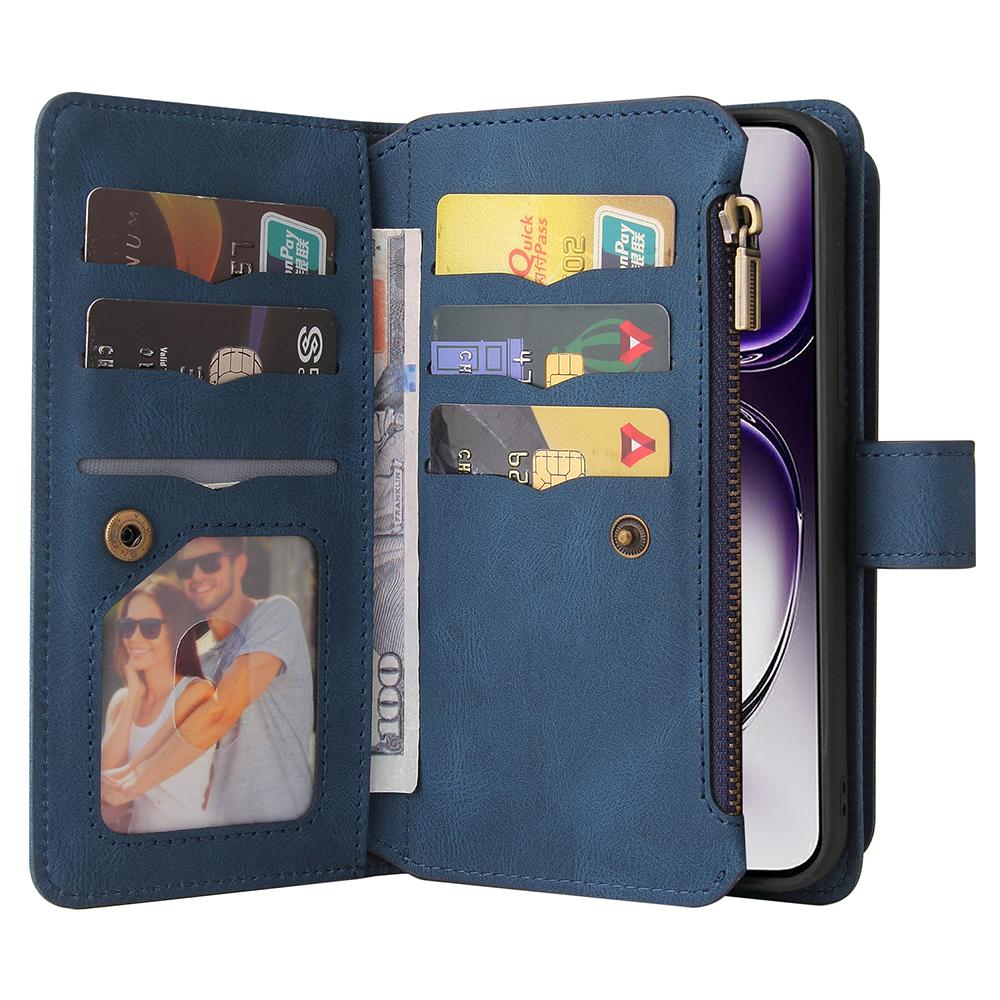 For Oppo Reno12 5G (Global) Zipper Wallet Case with 15 Card Slots and Strap Leather Phone Cover
