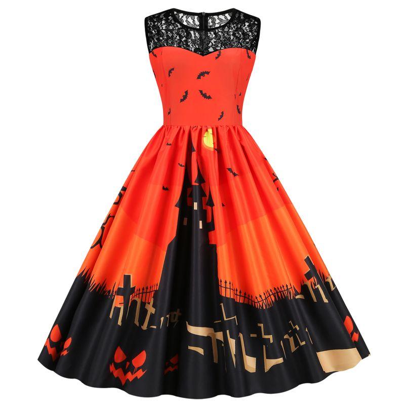 Fashion Halloween round Neck Lace Patchwork Pumpkin Cartoon Print Silm Sleeveless Swing Dress Female Dress