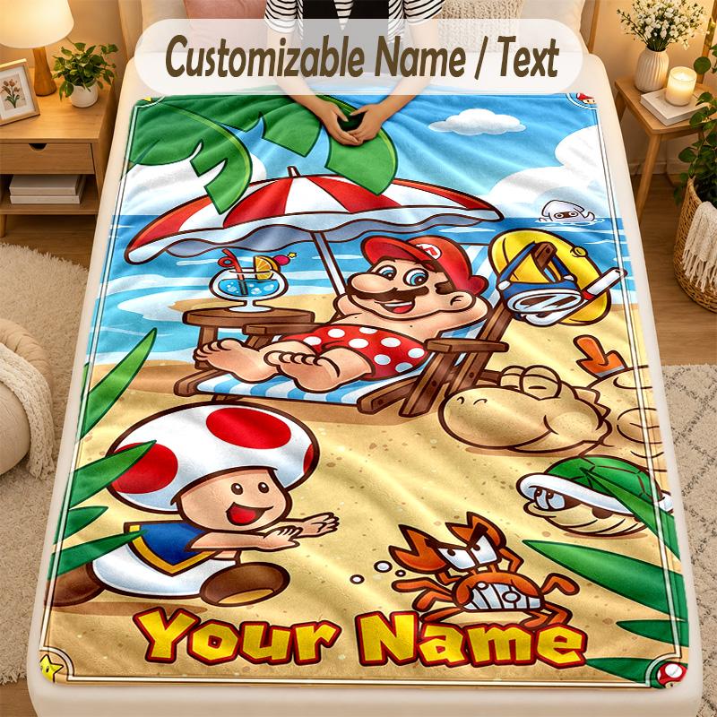 Flannel BlanketSuper Mario Custom Name Text Personalized Soft Warm Throw Blanket Home Decor Gift