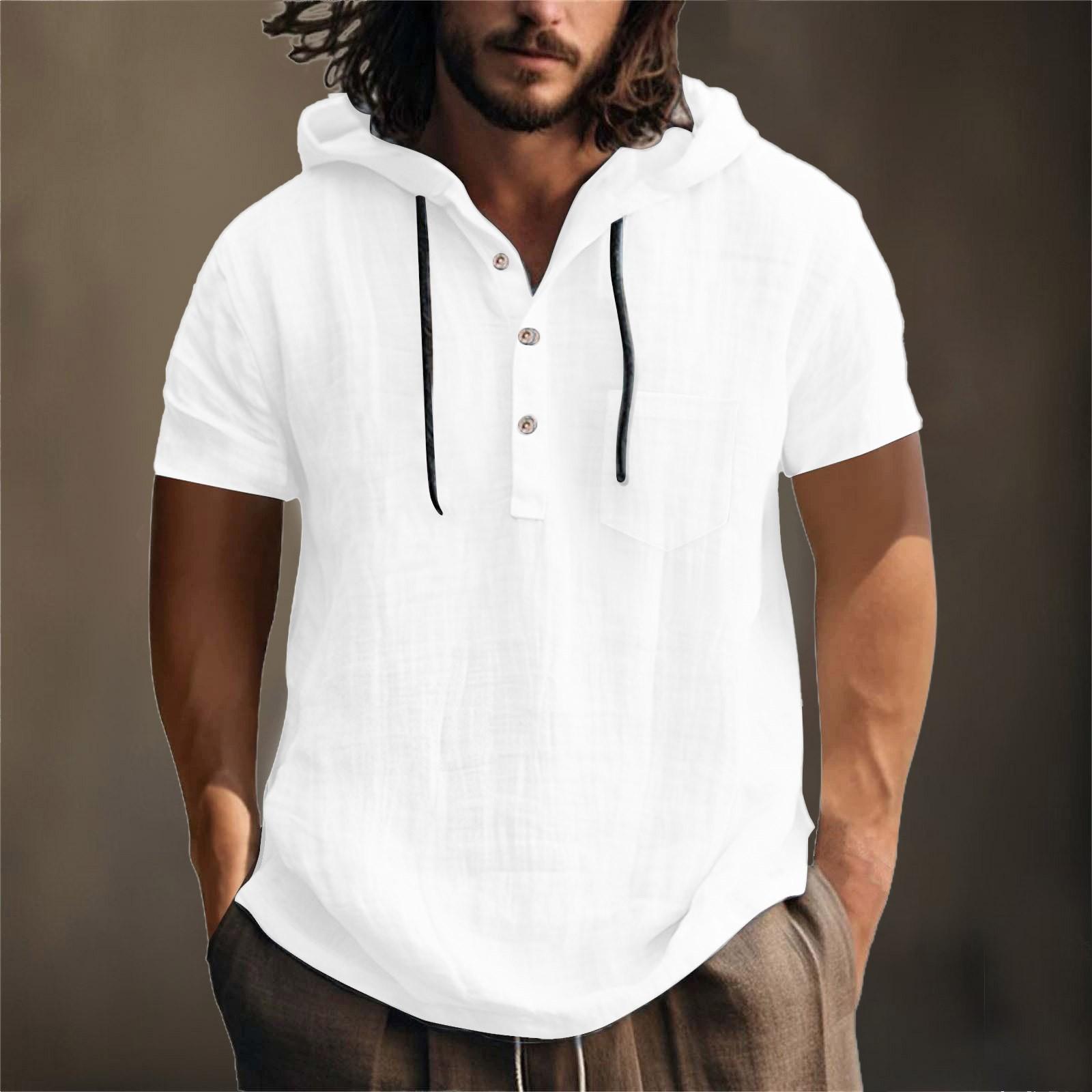 

Мужская летняя хлопковая конопляная хлопковая тонкая повседневная однотонная свободная куртка с капюшоном и коротким рукавом белый