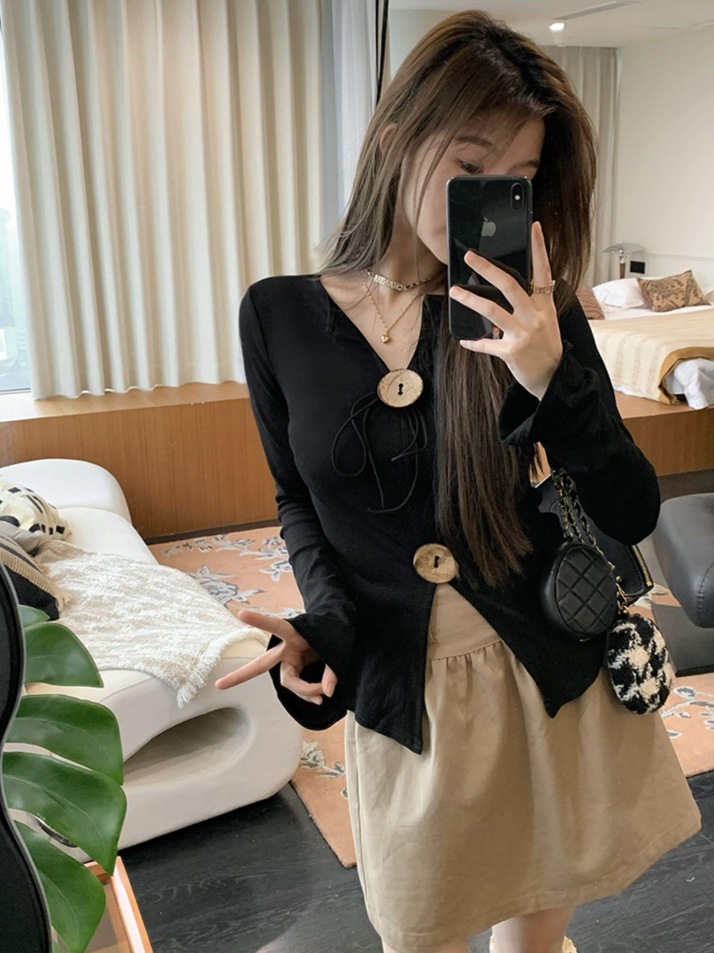 

Autumn Fashion Long Sleeve Black Button-Down T-Shirt, 210g 40s Pure Cotton XL чёрный